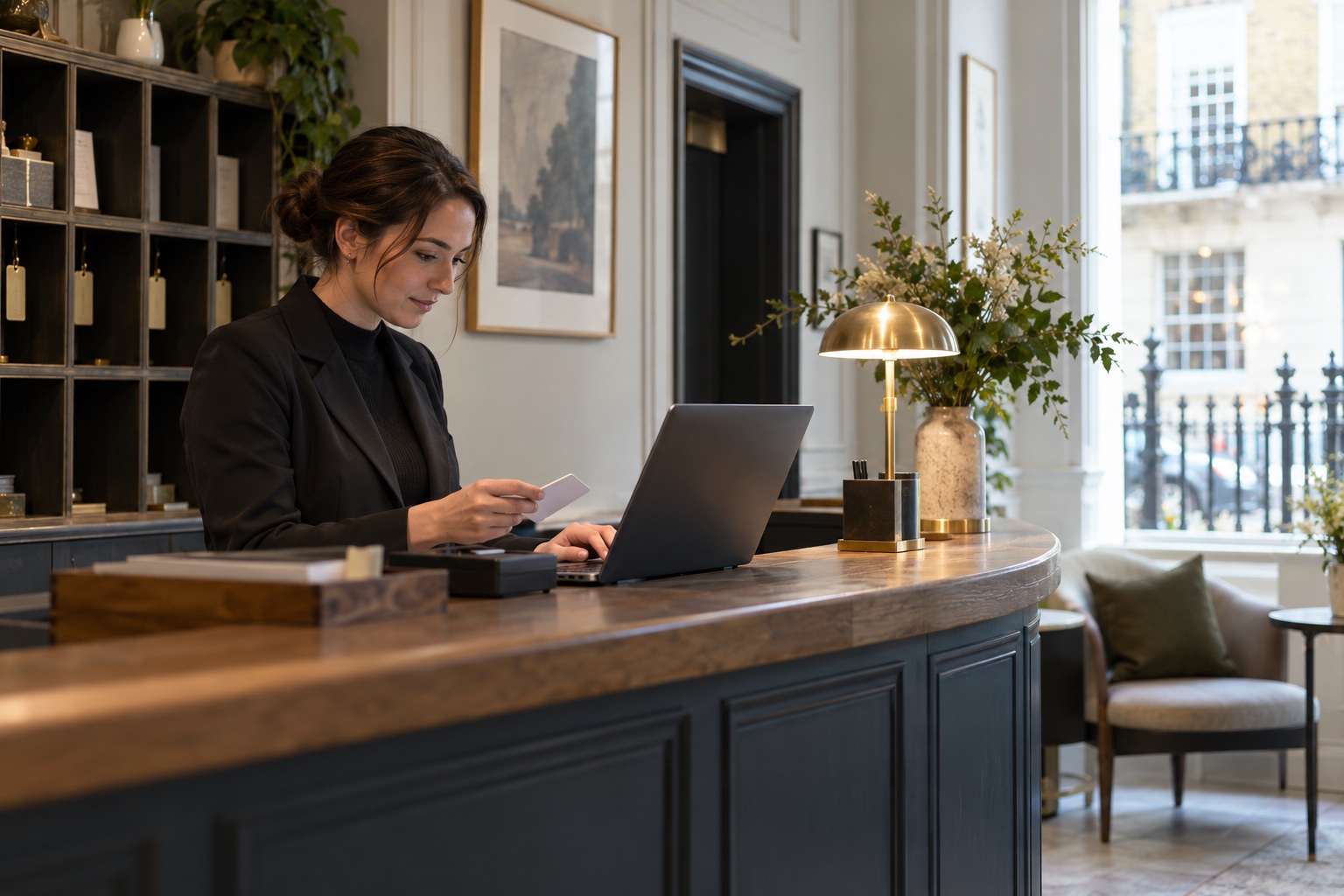 Boutique hotel host checking a booking at reception