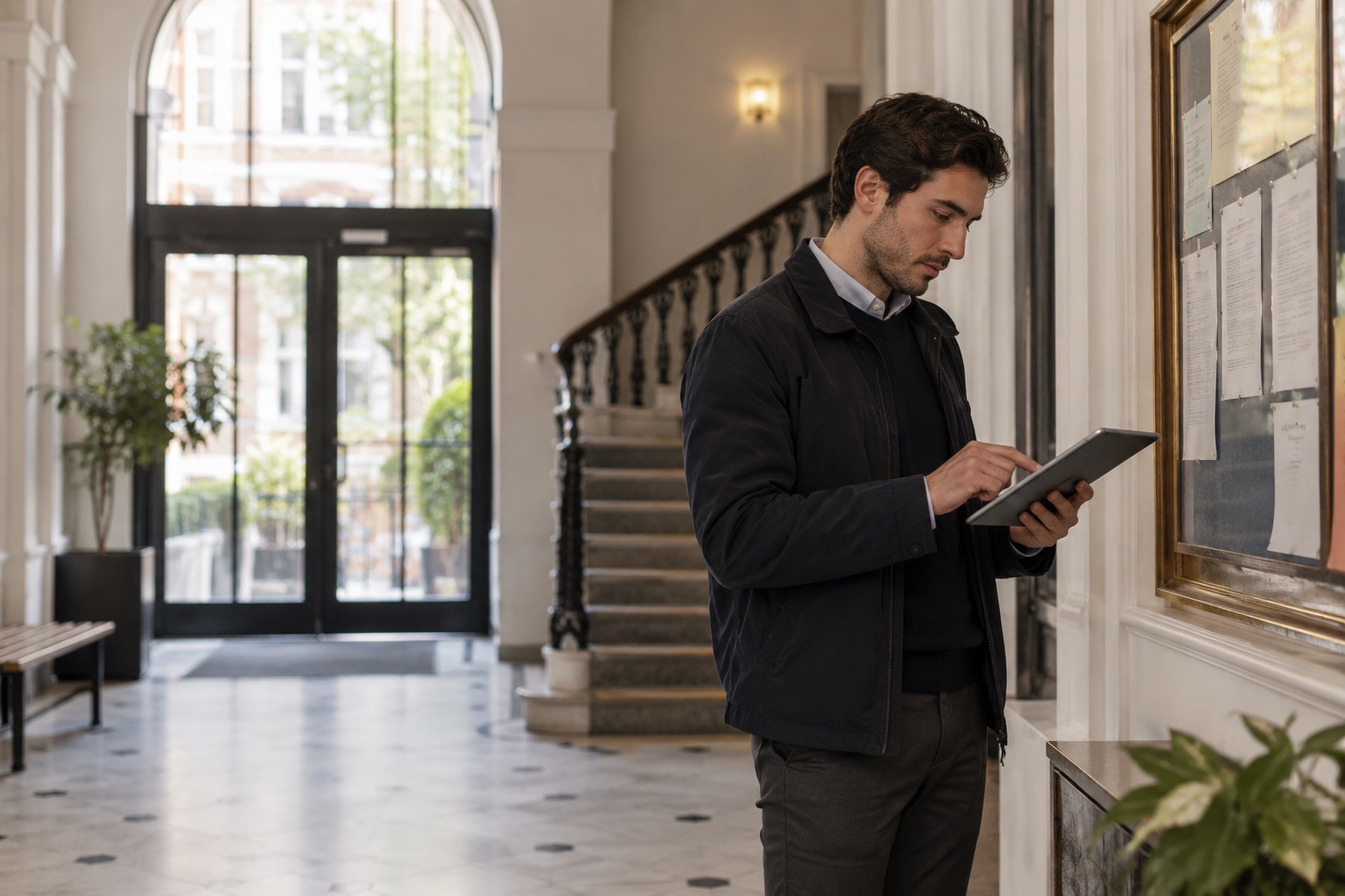 Property manager reviewing a building maintenance note on a tablet